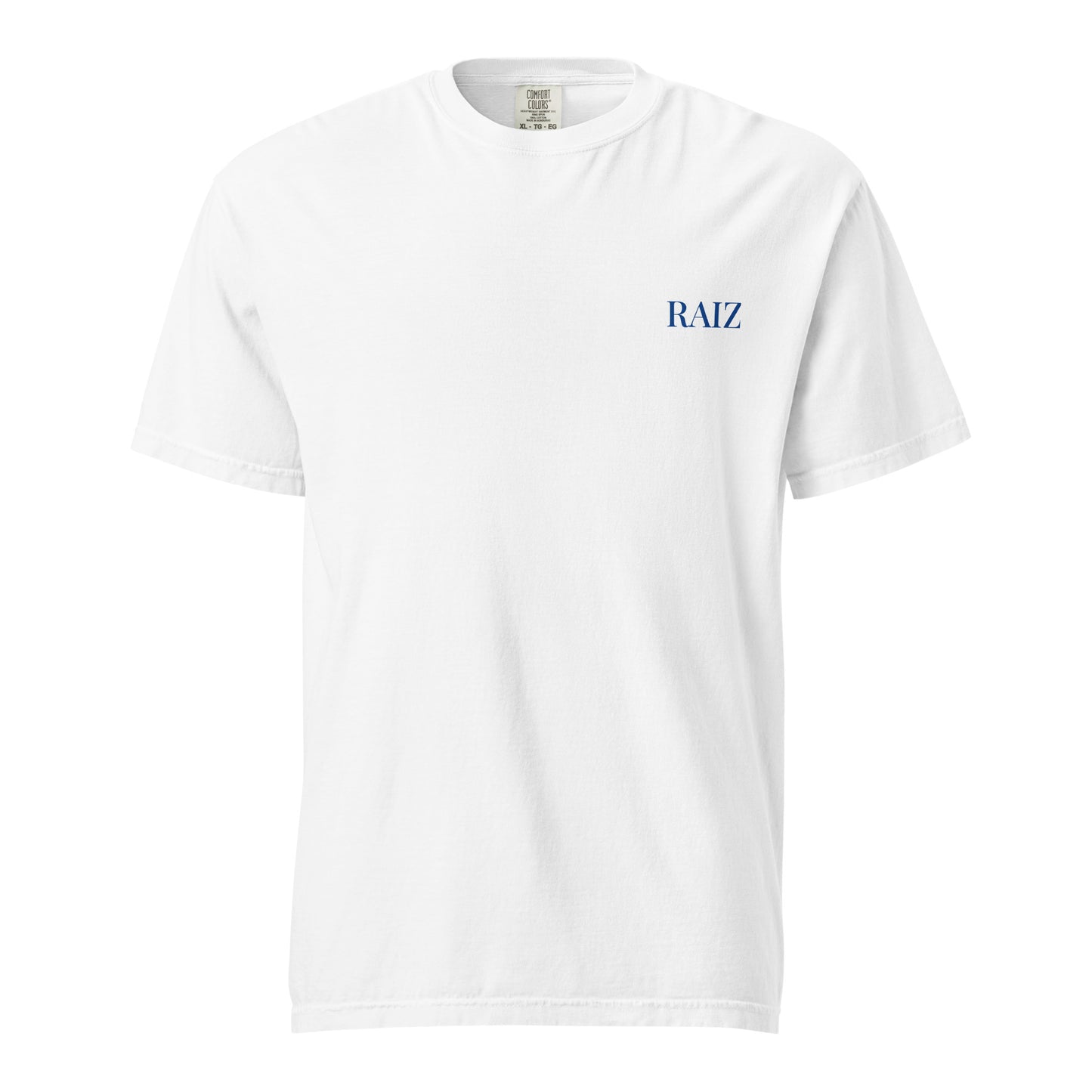 RAIZ Nunca Adeus tee, front view, RAIZ wordmark on the left chest