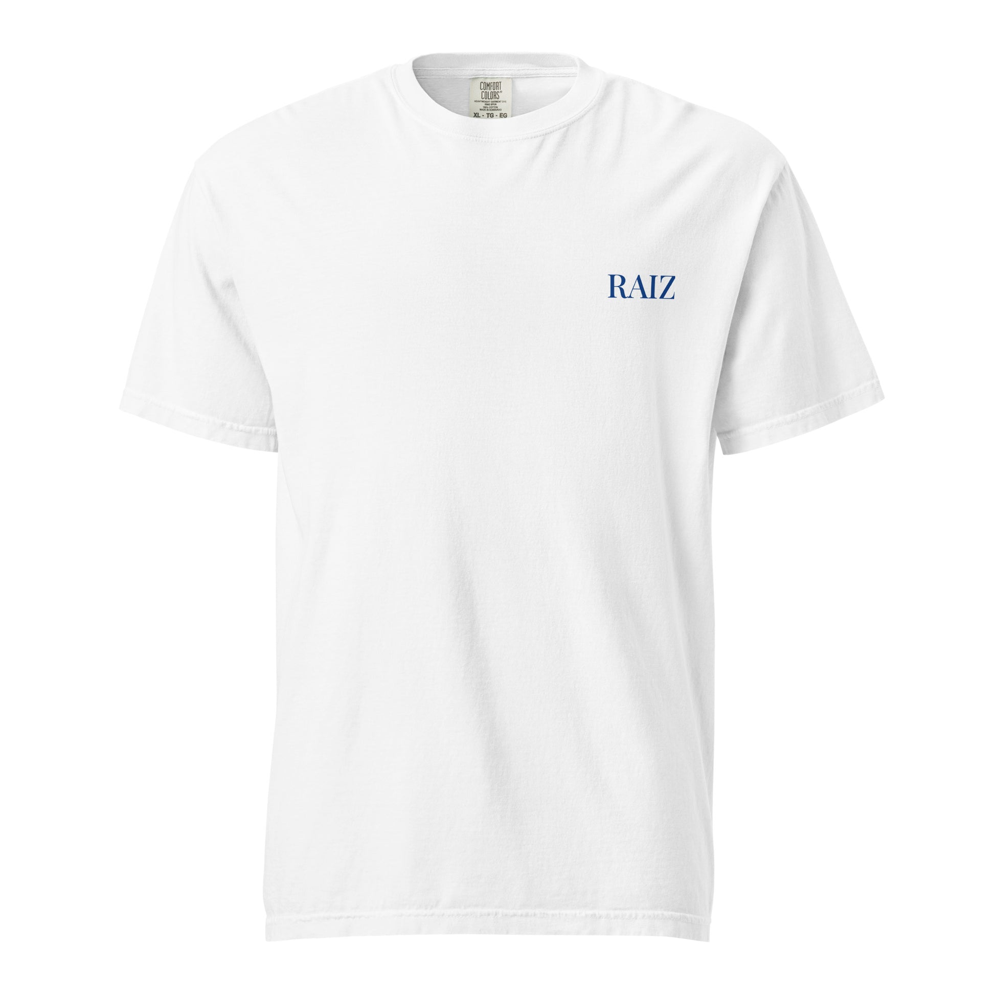 RAIZ Nunca Adeus tee, front view, RAIZ wordmark on the left chest