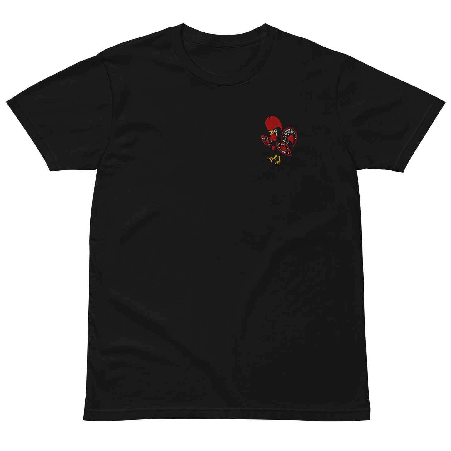 Galo de Barcelos embroidered on the chest of a black RAIZ tee, front view