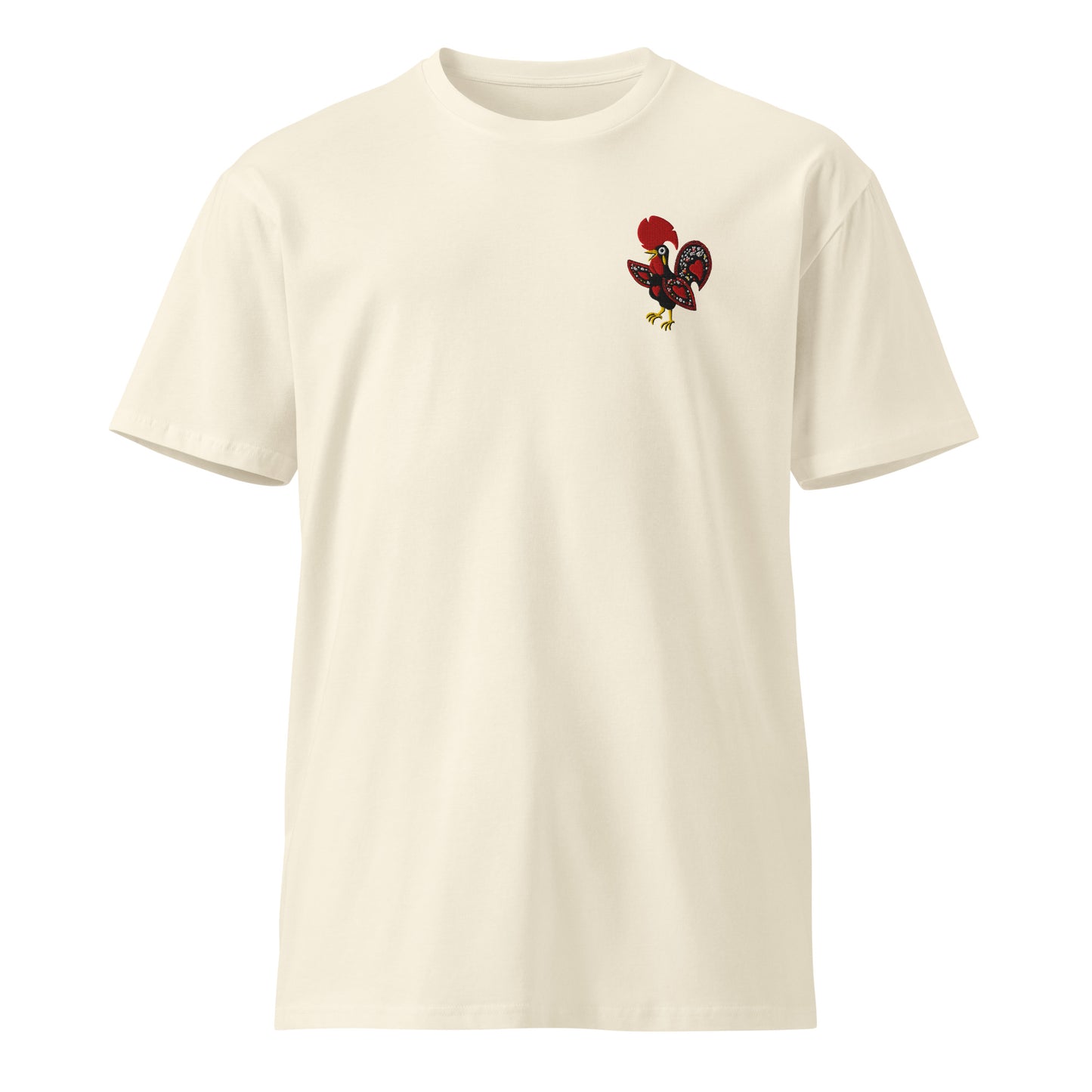 Galo de Barcelos embroidered on the chest of a natural cotton RAIZ tee, front view