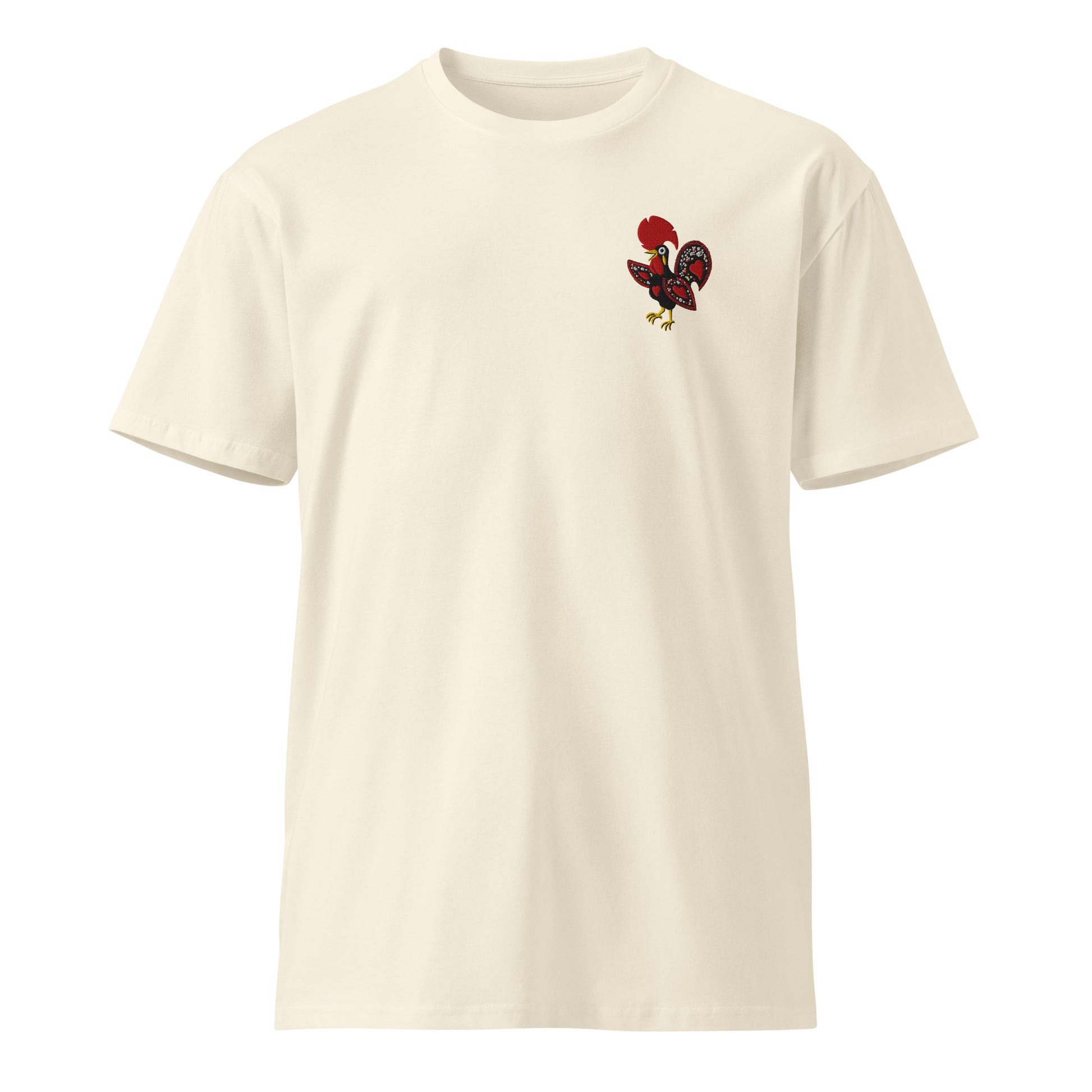 Galo de Barcelos embroidered on the chest of a natural cotton RAIZ tee, front view