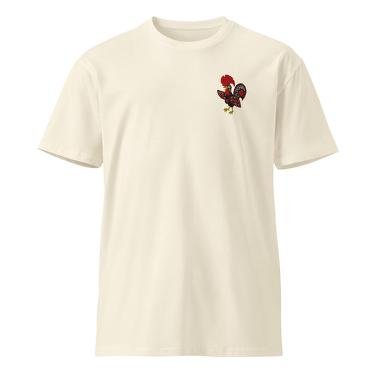 Galo de Barcelos embroidered on the chest of a natural cotton RAIZ tee, front view