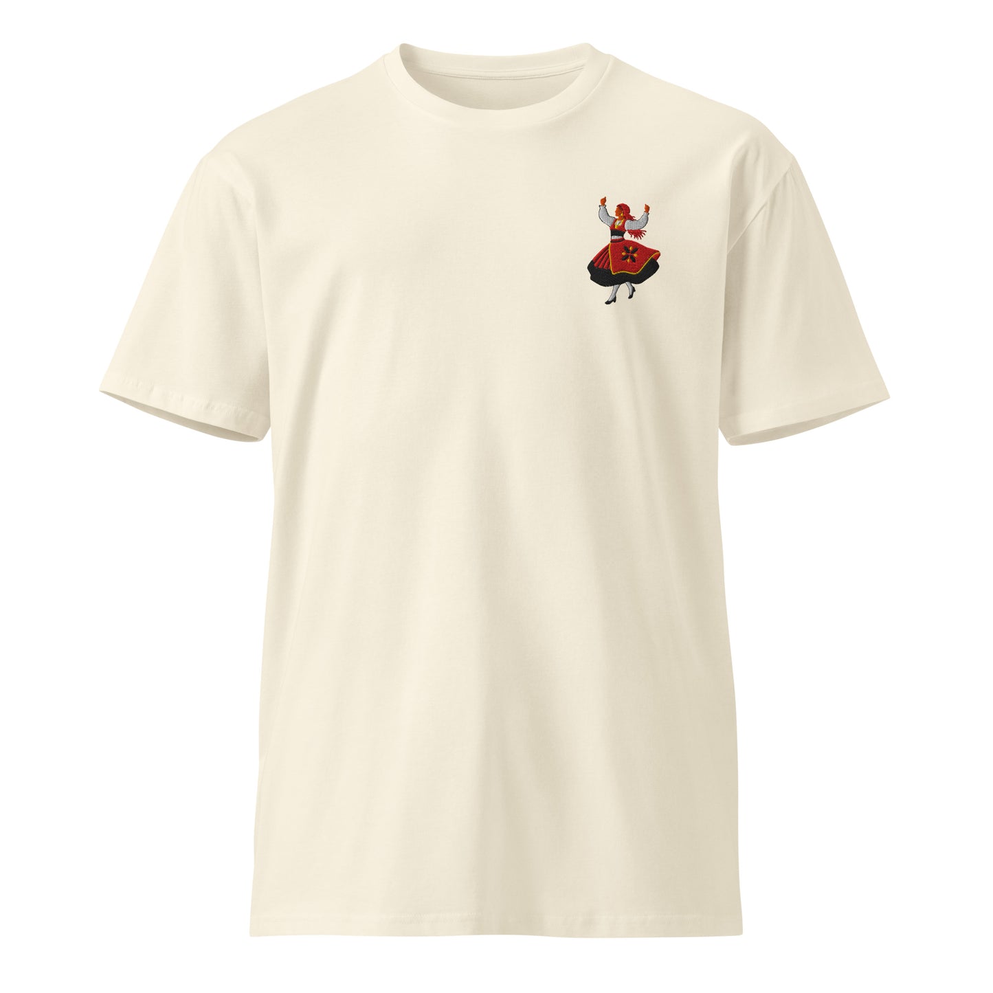 Rancho folclórico dancer embroidered on a natural cotton RAIZ tee, front view