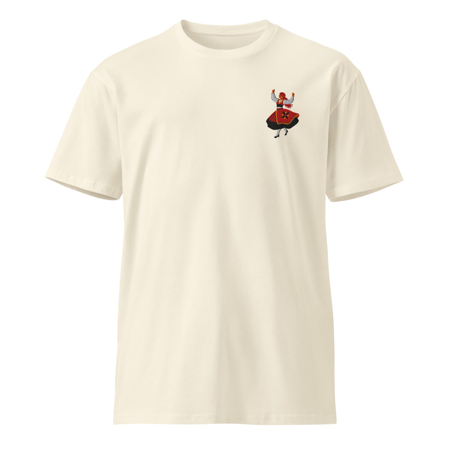 Rancho folclórico dancer embroidered on a natural cotton RAIZ tee, front view