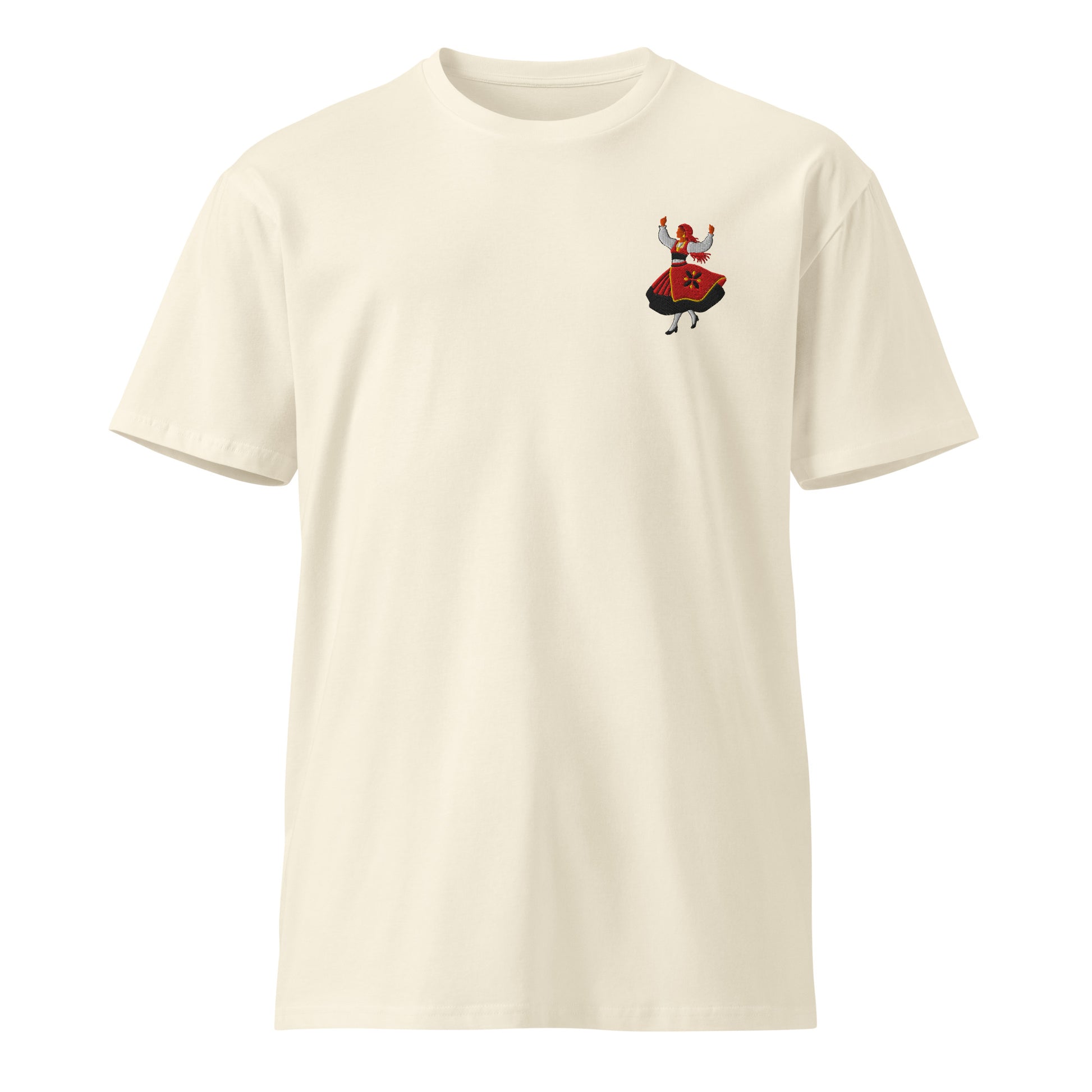 Rancho folclórico dancer embroidered on a natural cotton RAIZ tee, front view