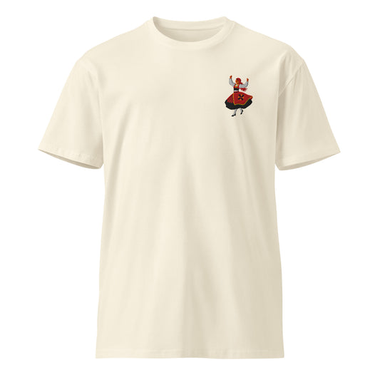 Rancho folclórico dancer embroidered on a natural cotton RAIZ tee, front view