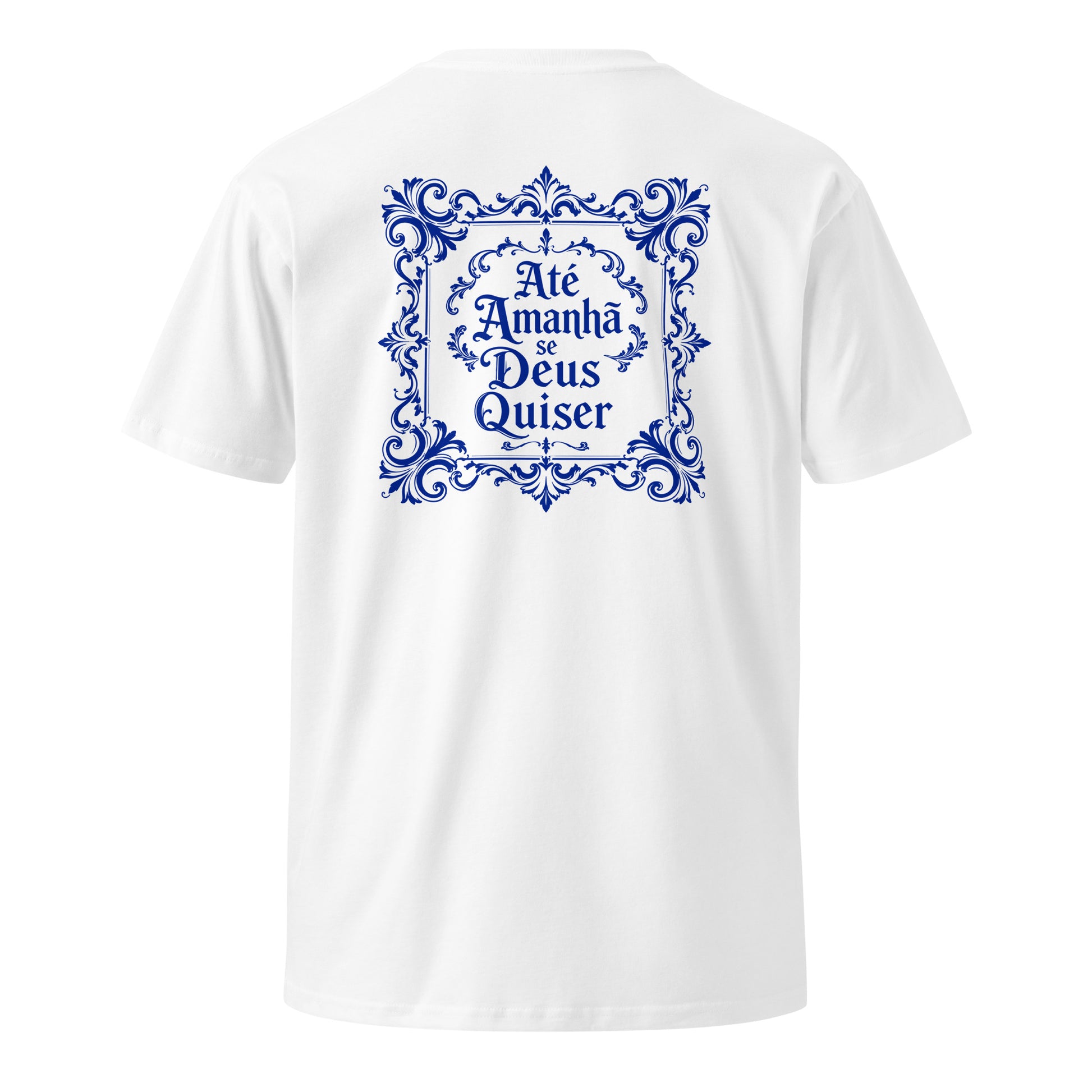 Azulejo panel embroidered on the back of a white RAIZ tee, framing the phrase Até amanhã se Deus quiser