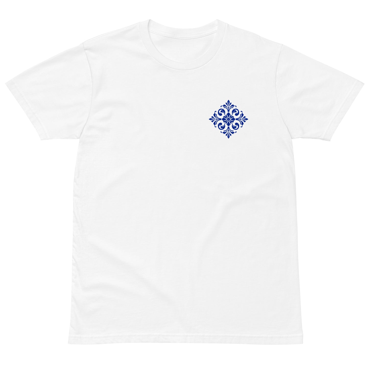 Small azulejo tile embroidered on the chest of a white RAIZ tee, front view