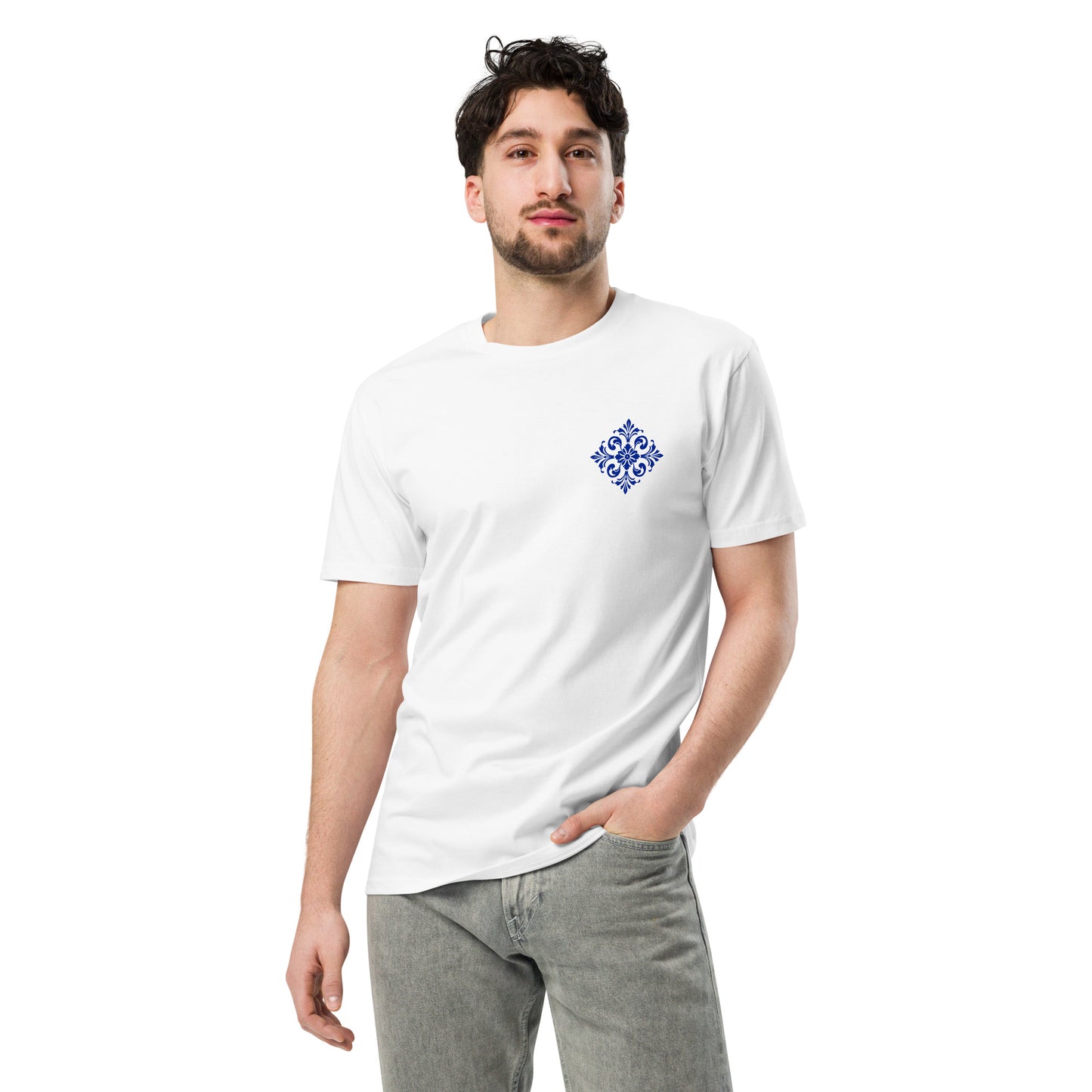 Close up of the azulejo chest tile on a white RAIZ tee